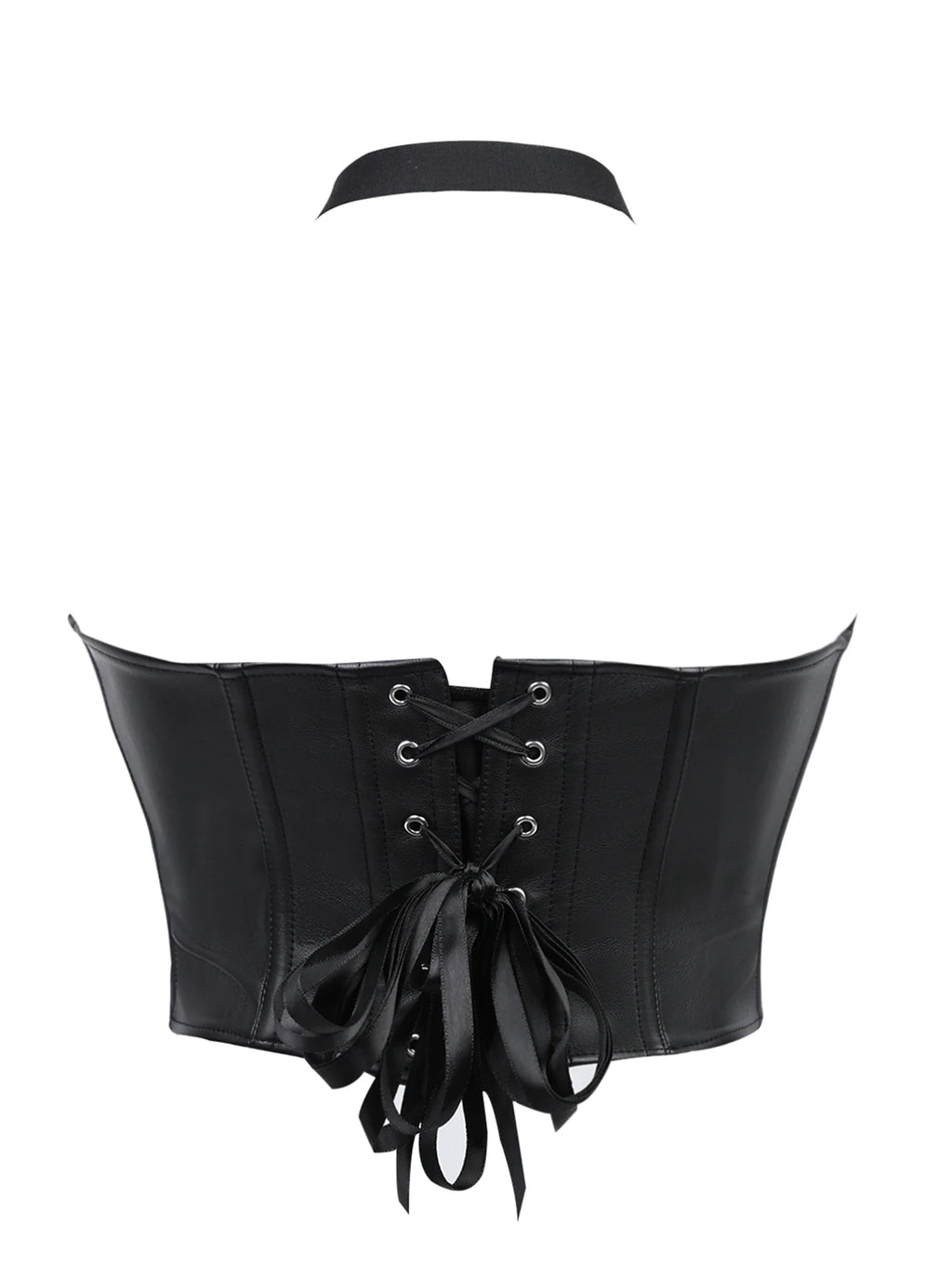 Punk girl collar style faux leather corset with multiple straps and fish bone elastic waistband for shaping the body. Tight top.