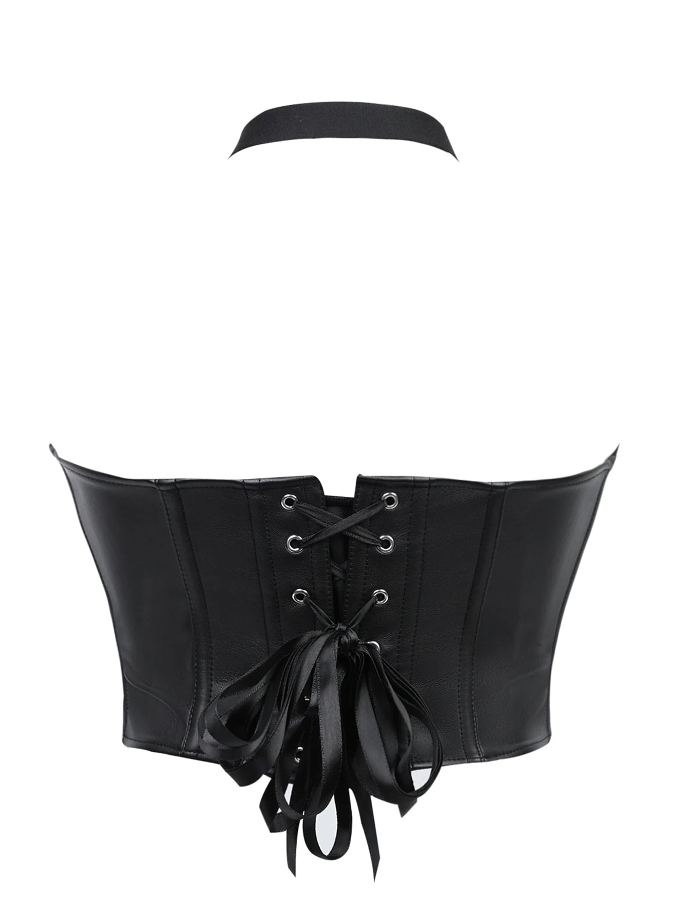 Punk girl collar style faux leather corset with multiple straps and fish bone elastic waistband for shaping the body. Tight top.