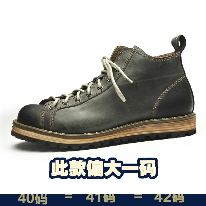 Motorcycle Riding Boots Men's Retro Leather Big Head Shoes British Work Thick Soles High Top Casual Boots