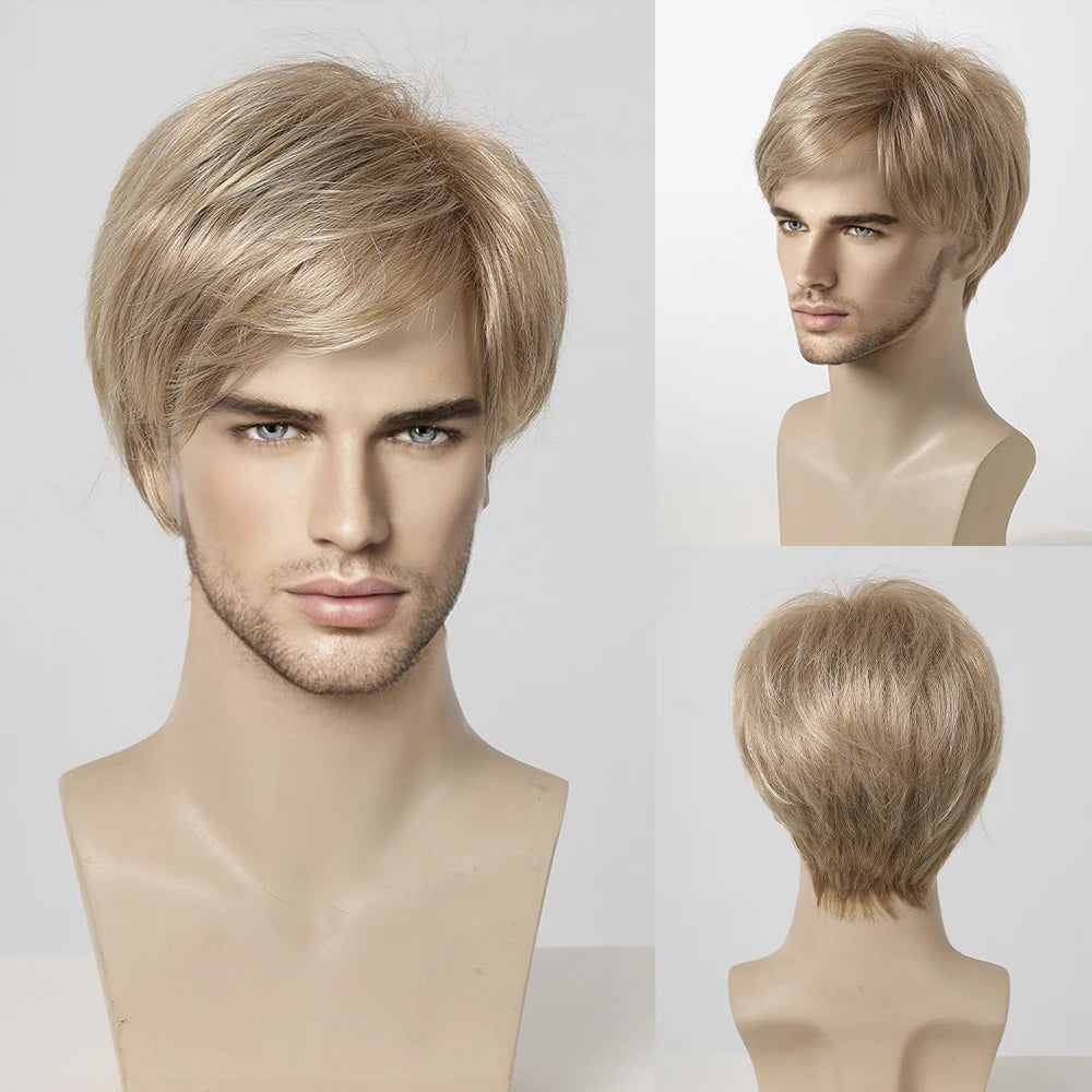 ALAN EATON Dark Brown Short Wig for Men Side Part Synthetic Layered Wigs with Bangs Natural Looking Synthetic Hair Full Wig