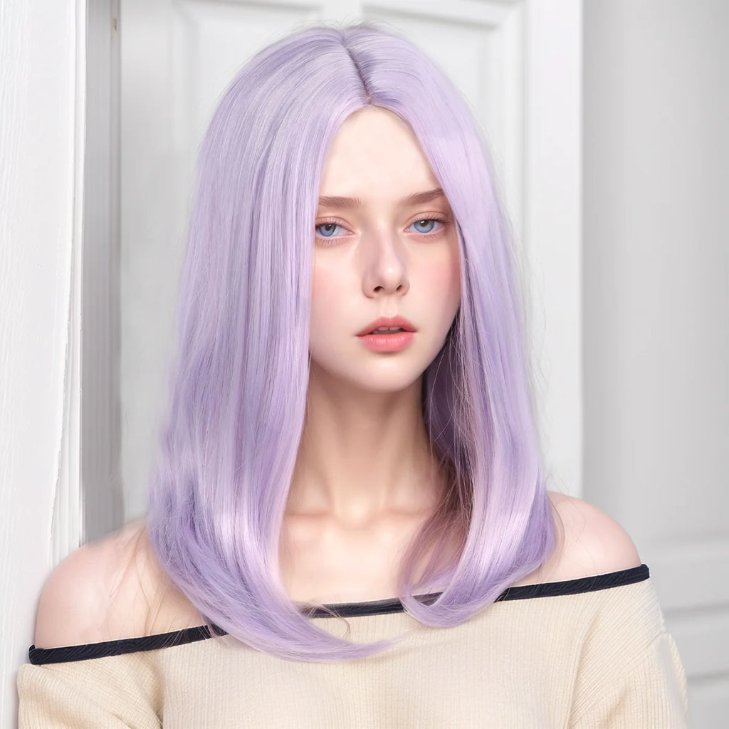 Short Straight Hair Wig with Inward Curls and Middle Parting in Light Purple for Women's Outfits. Soft Synthetic, Heat-Resistant, and Durable. Suitable for Daily Wear, Outfits, and Parties. Cosplay Wig, Party Supplies, Hair S