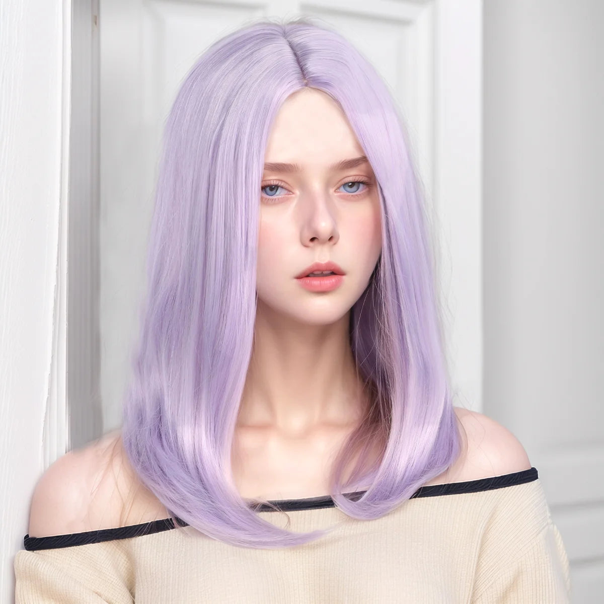 Short Straight Hair Wig with Inward Curls and Middle Parting in Light Purple for Women's Outfits. Soft Synthetic, Heat-Resistant, and Durable. Suitable for Daily Wear, Outfits, and Parties. Cosplay Wig, Party Supplies, Hair S