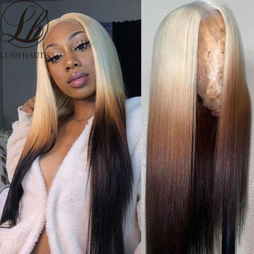 Ombre Blonde 13x6 Lace Front Wig Synthetic Wig Blonde 613 Roots With Black Ends Straight Transparent HD Lace Frontal Wig Cosplay