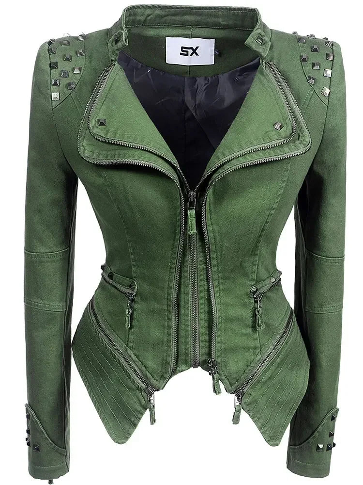 Punk Rivet Short Denim Slim Jackets Women Wash Long Sleeve Vintage Casual Studs Jean Outerwear Motorcycle Denim Coat Large Size