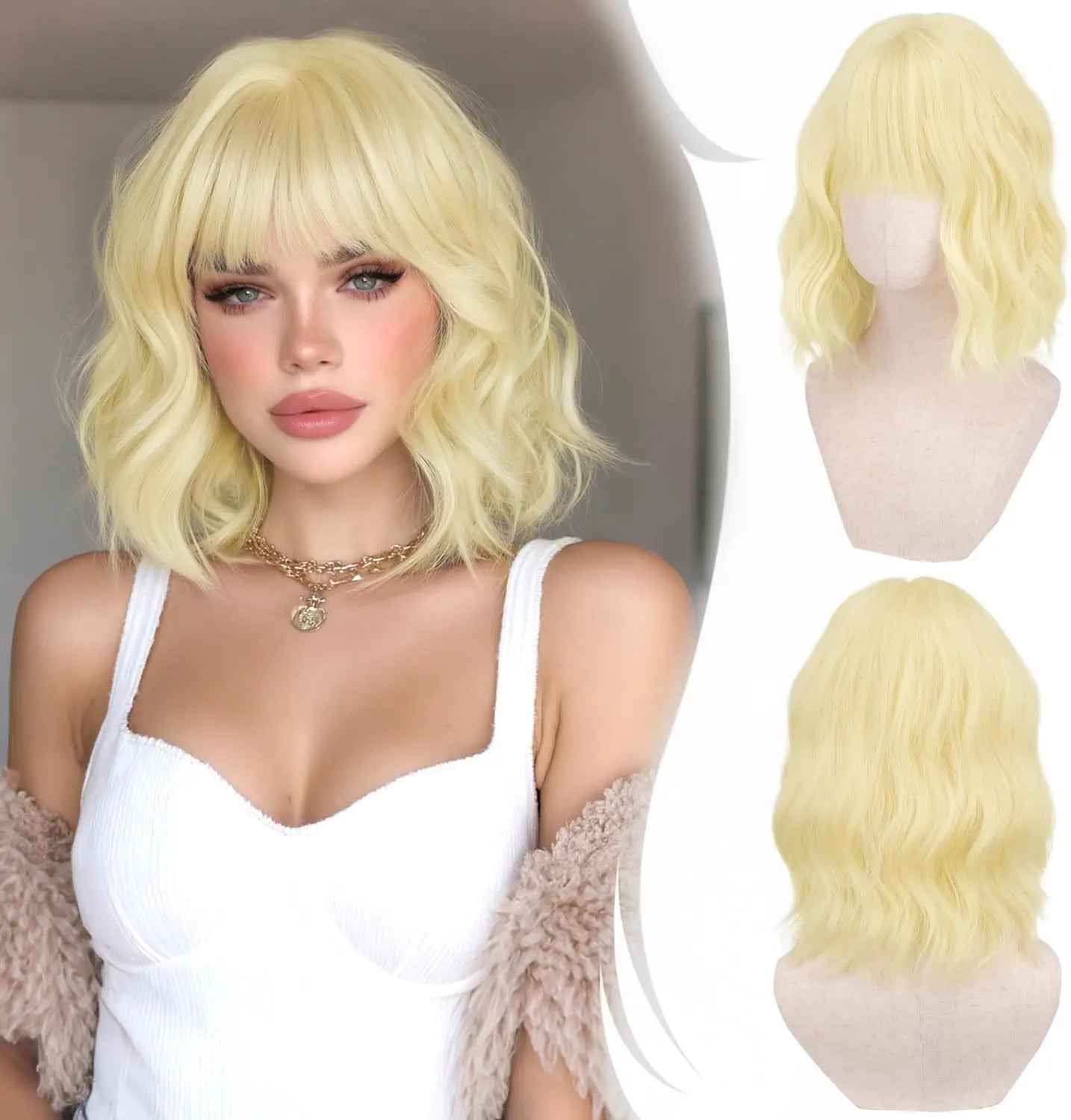 Short Wavy Bob Wig with Bangs Women Brown Highlight Synthetic Wig for Women Natural Curly Wig for Cosplay Daily Party Hallo