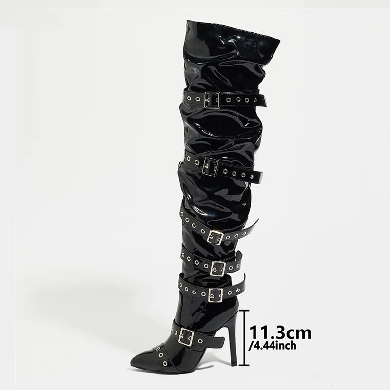 Liyke Punk Style Women Buckle Belt Strap Over The Knee Boots Fashion Zipper Thigh High Shoes Pointed Toe Party Strippers Heels