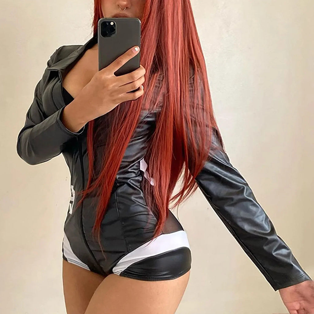 Womens Sexy Biker Racing Uniform Erotic Lingerie Leather Catsuit Sexy Shorts Bodysuits For Women Black Jumpsuits Female Bodysuit