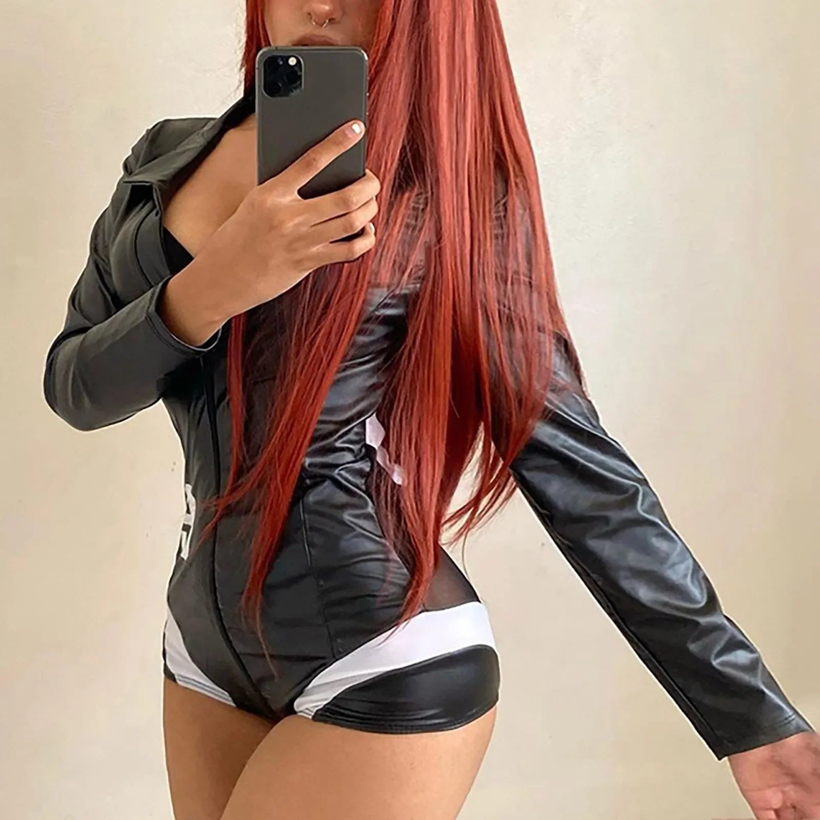 Womens Sexy Biker Racing Uniform Erotic Lingerie Leather Catsuit Sexy Shorts Bodysuits For Women Black Jumpsuits Female Bodysuit