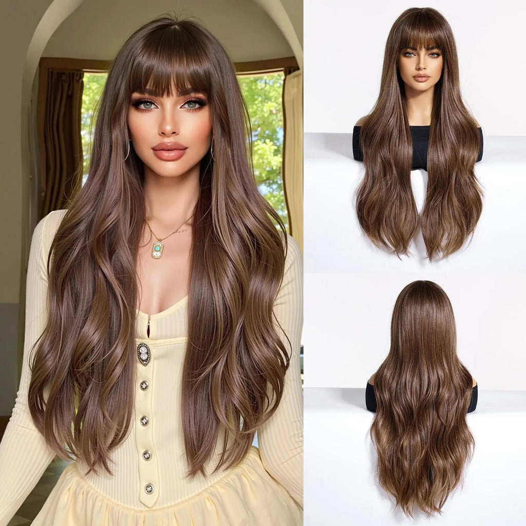 EASIHAIR Long Wavy Synthetic Wigs For Women Brown Blonde Highlight Wavy Wigs With Side Bangs Natural Wave Hair Daily Cosplay Wig