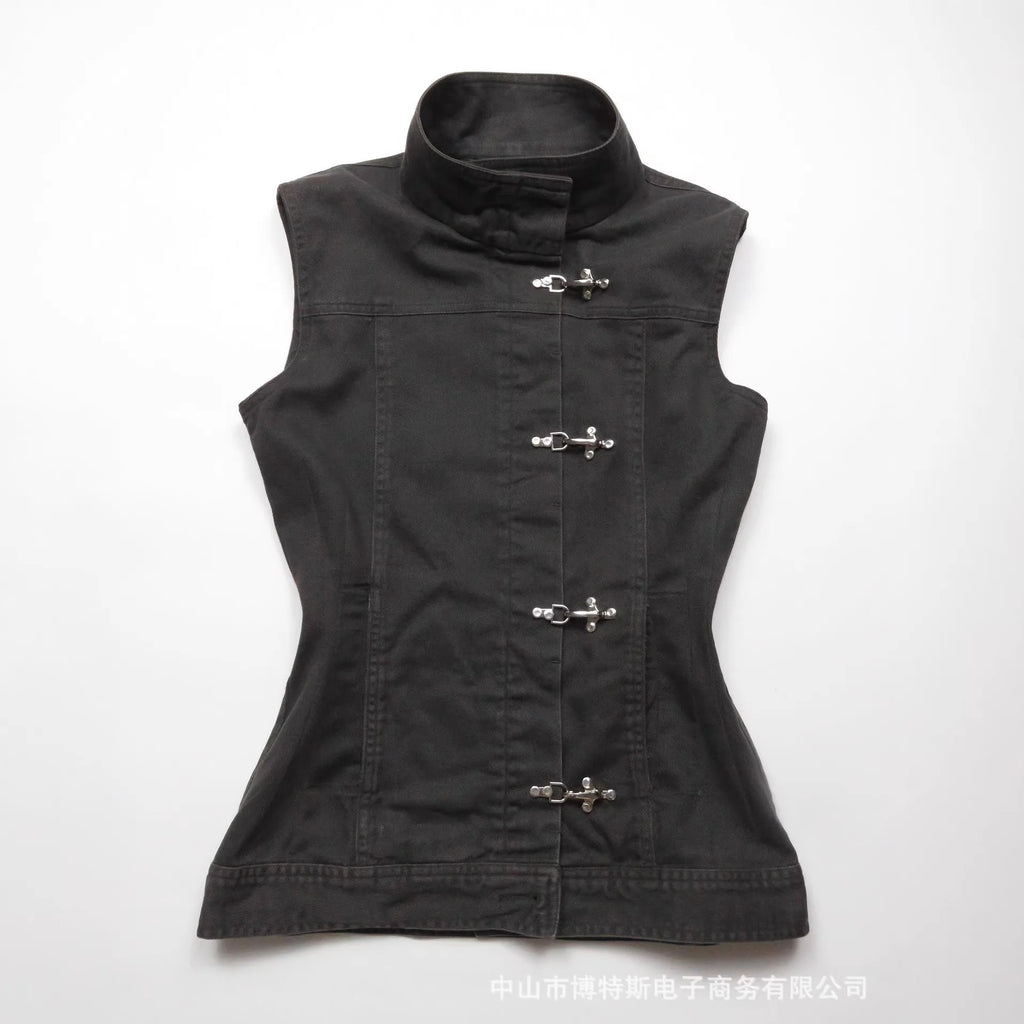 2026 new summer punk style metal buckle stand up collar denim vest American retro Y2K spicy girl slimming street trend niche top