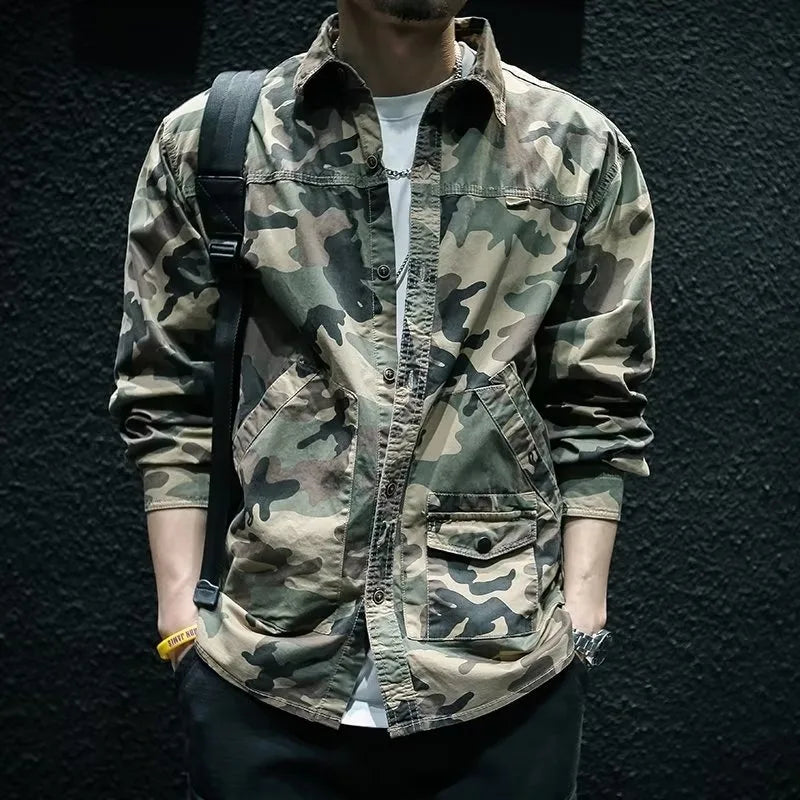 American Style Tactical Vest Men's Camouflage Outdoor Canvas Workwear Jacket Loose Fit V-Neck Single Button Closure Cotton