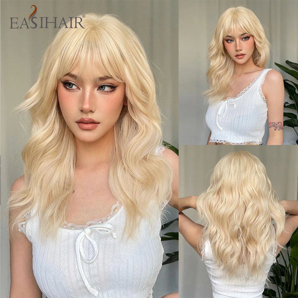 EASIHAIR Long Wavy Synthetic Wigs For Women Brown Blonde Highlight Wavy Wigs With Side Bangs Natural Wave Hair Daily Cosplay Wig