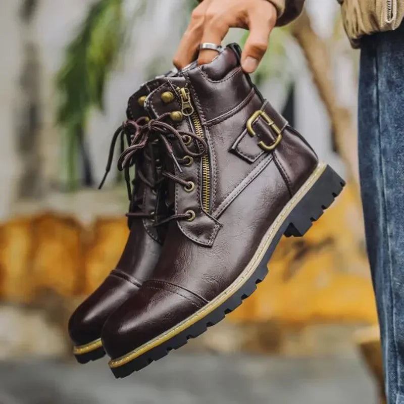 Men Motorcycle Leather Boots Double Zipper Square Heel Males Shoes Fashion Leisure Design Men Cycling Boot 2025 Autumn Winter