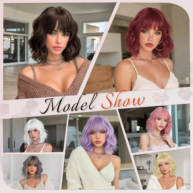 Short Wavy Bob Wig with Bangs Women Brown Highlight Synthetic Wig for Women Natural Curly Wig for Cosplay Daily Party Hallo