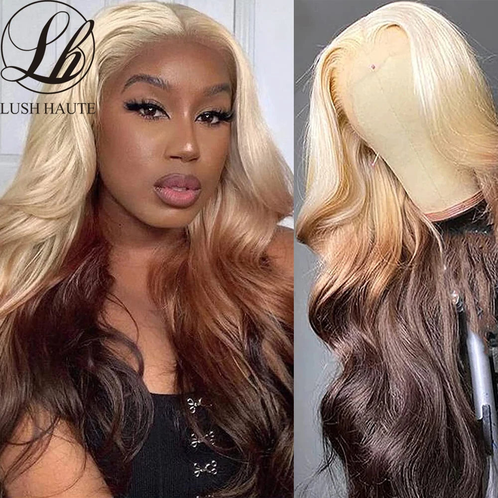 Ombre Blonde 13x6 Lace Front Wig Synthetic Wig Blonde 613 Roots With Black Ends Straight Transparent HD Lace Frontal Wig Cosplay