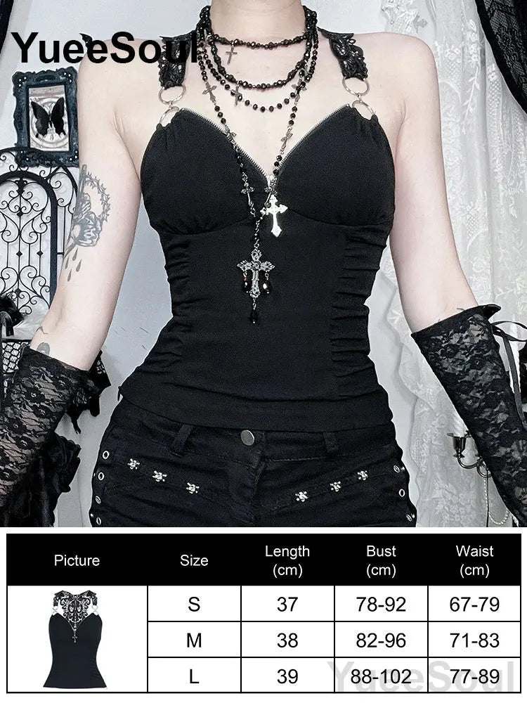 Gothic Crop Tops Black Lace Mesh Tanks Tops 2026 New Y2K Goth Punk Grunge Fairy Core Sexy Y2K Halloween 2000s Women Clothing