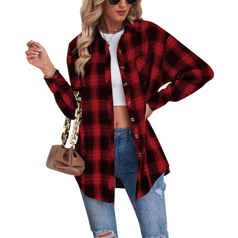 2025 Women's Retro Plaid Shirt Long Sleeve Button Cardigan Top Loose Street Fashion Casual Blouses for Female