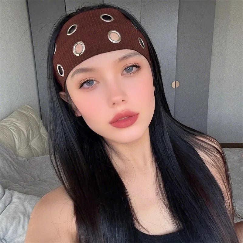 Punk Girl Fabric Hollow Elastic Headbands Metal Rock Personalized Hollow Eyelets Hair Band Casual Sports Grommet Headband