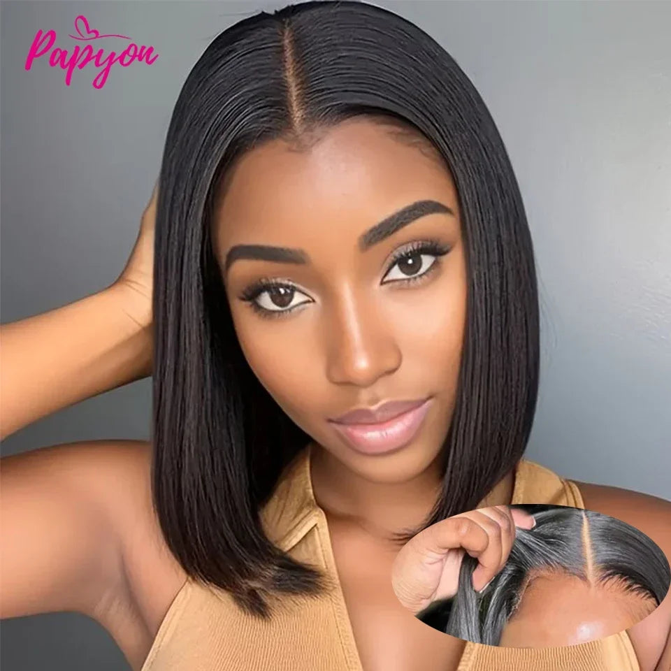 2026 New  Short Straight Bob Human Hair Wigs, Full Machine Made, Pre-Cut 4x4 Lace, Elastic Drawstring, Upgraded Breathable Wigs