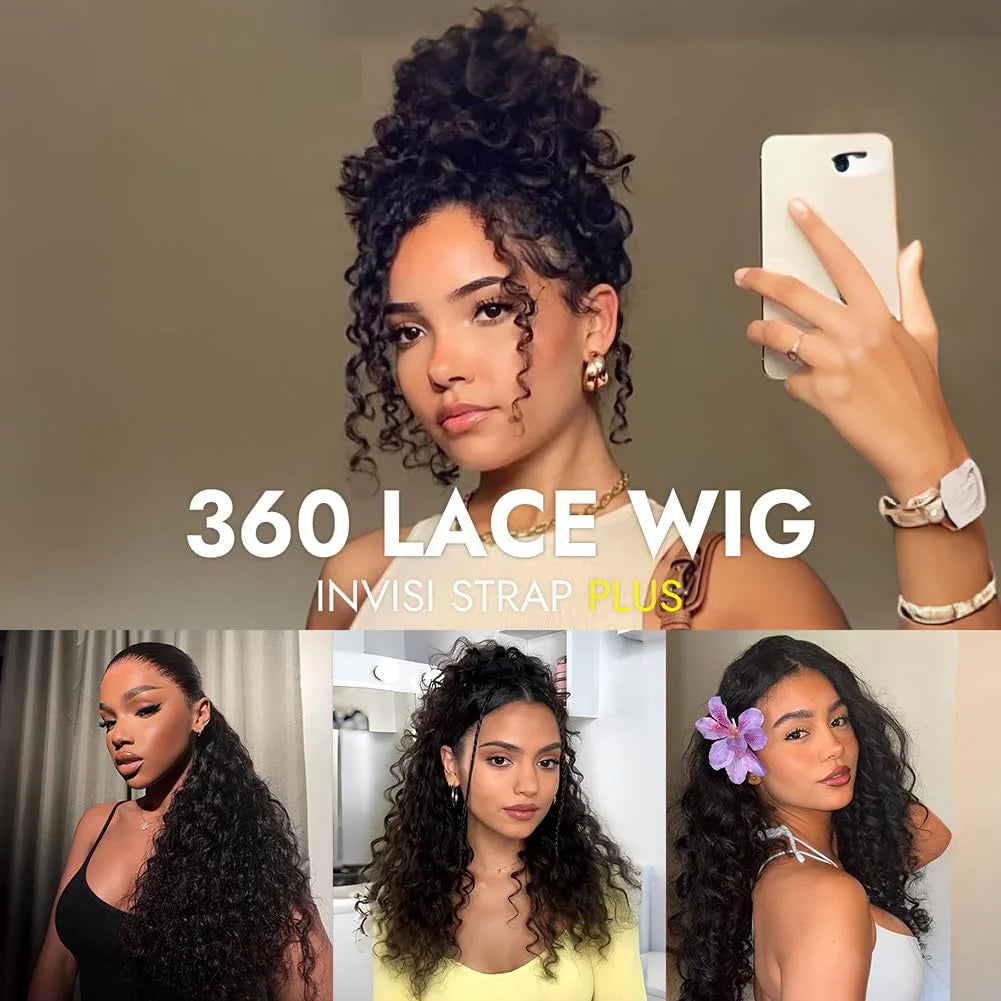 24 inch Hidden Strap 360 Front Wigs Human Hair Glueless 360 Full Lace Deep Wave Curly Human Hair Wig with invisible Drawstring