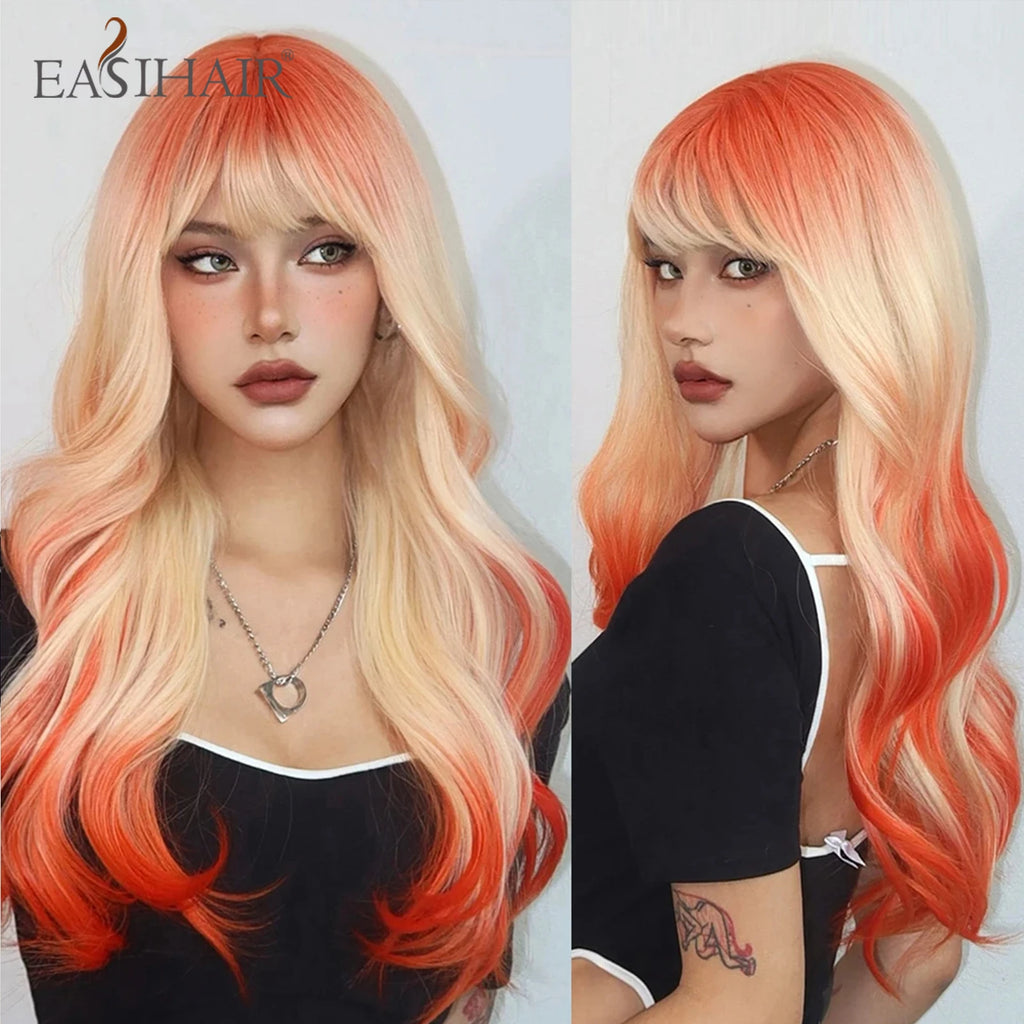 EASIHAIR Long Wavy Synthetic Wigs For Women Brown Blonde Highlight Wavy Wigs With Side Bangs Natural Wave Hair Daily Cosplay Wig