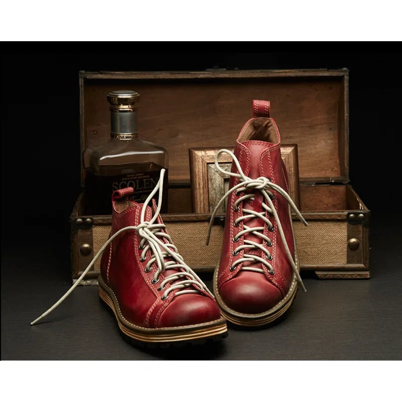 Motorcycle Riding Boots Men's Retro Leather Big Head Shoes British Work Thick Soles High Top Casual Boots