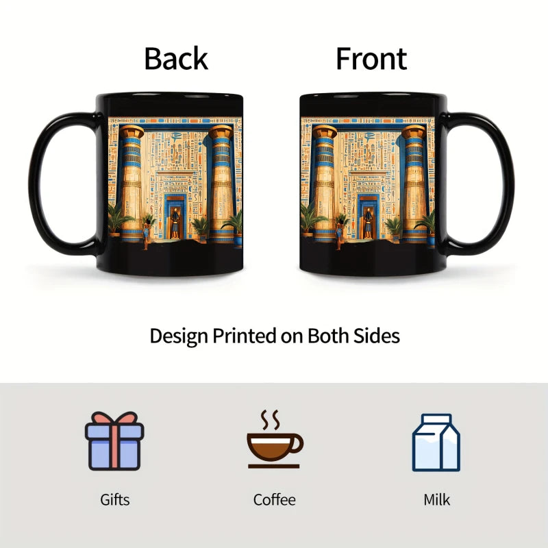 A black Egyptian temple designed ceramic cup with hieroglyphics and columns is suitable for drinking coffee, tea, or water at ho