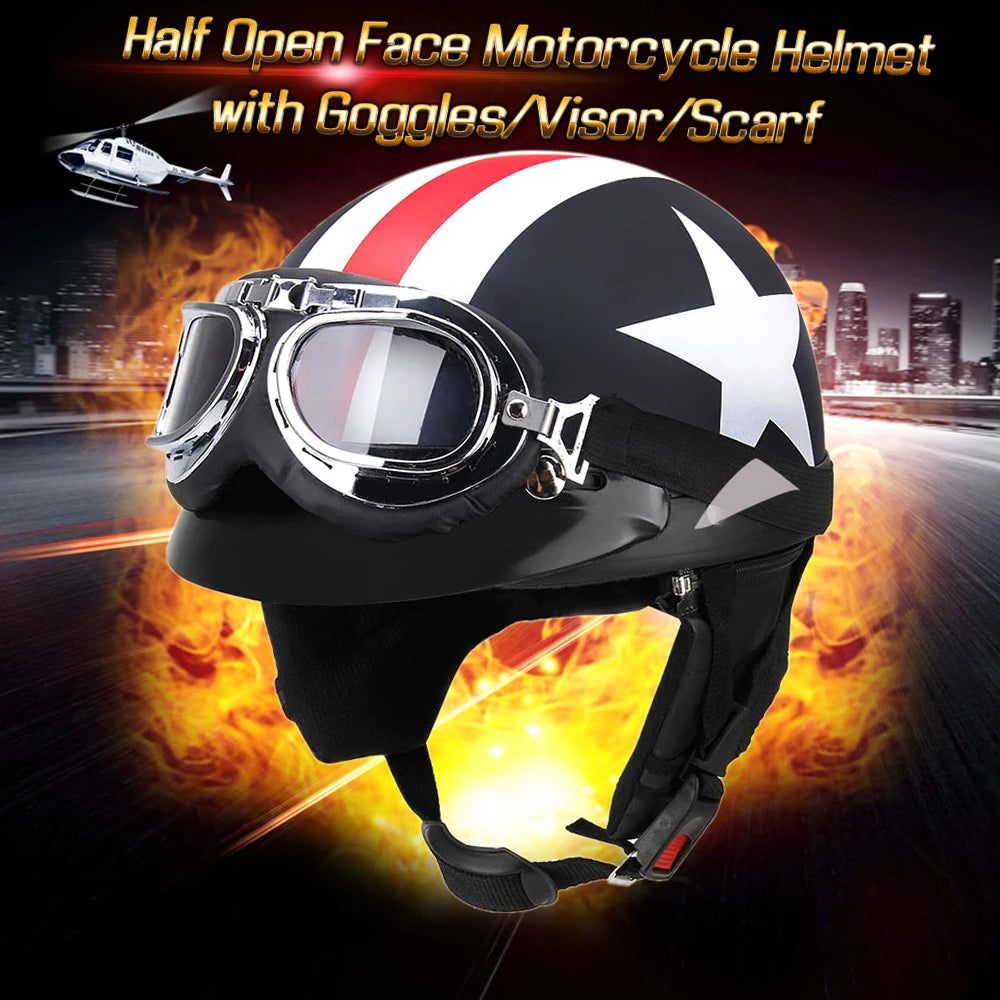 Half Open Face Motorcycle Helmet with Goggles Visor Scarf Biker Scooter Touring Helmet Retro Vintage Style Motocross Motorbike