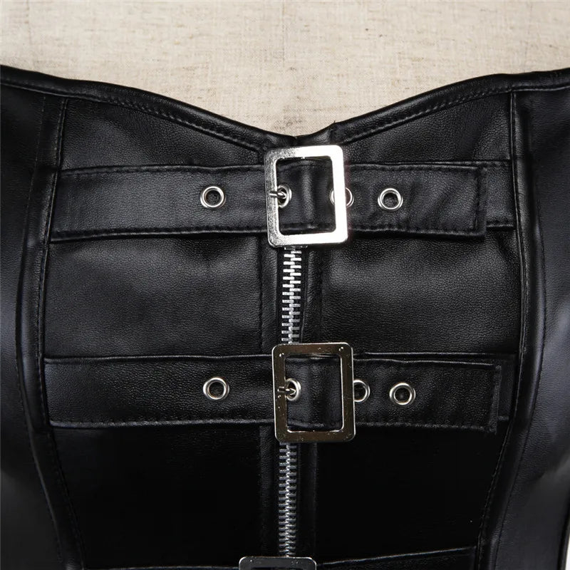Leather Corset Top Woman Zip Leather Corset Buckle Bustier SteamPunk Gothic Studded Corset Corselet Straps Vest Plus Size Black