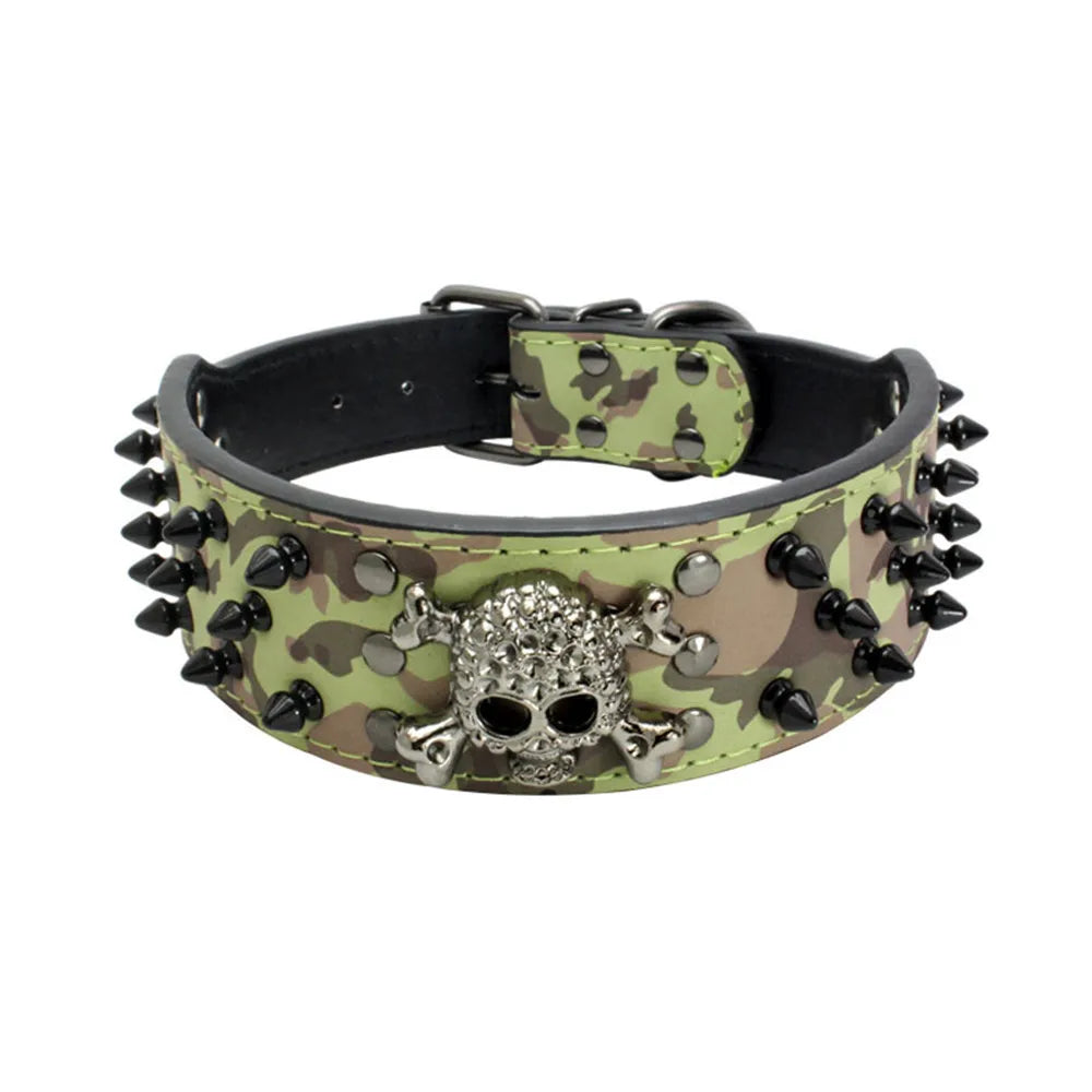 Halloween Gothic Black Skull Studded Dog Collar & PU Leash Set – Anti-Chew for Medium Large Breeds, French Bulldog