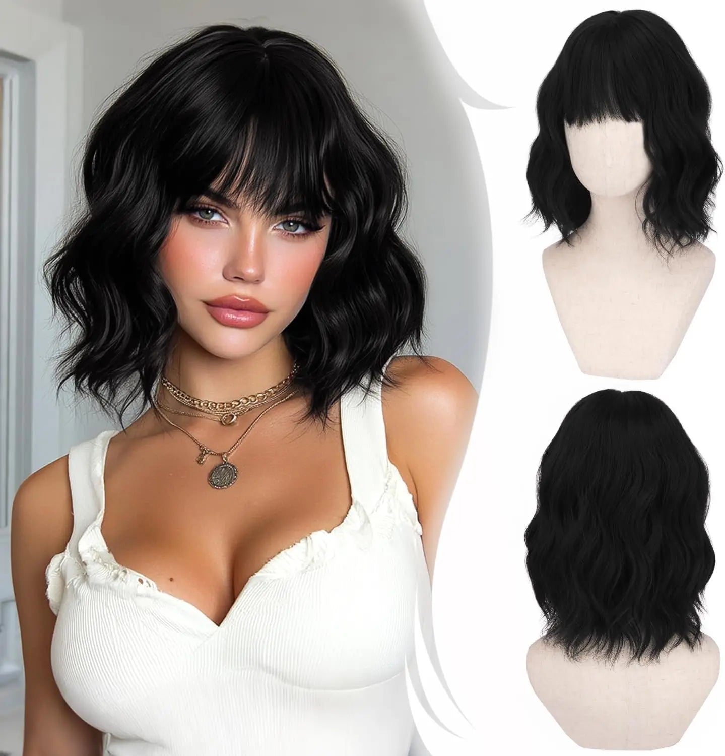 Short Wavy Bob Wig with Bangs Women Brown Highlight Synthetic Wig for Women Natural Curly Wig for Cosplay Daily Party Hallo