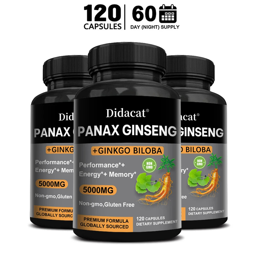 Korean Red Panax Ginseng with Ginkgo Biloba Capsules High Potency for Male Natural Health Supplement - Non-GMO, Vegan