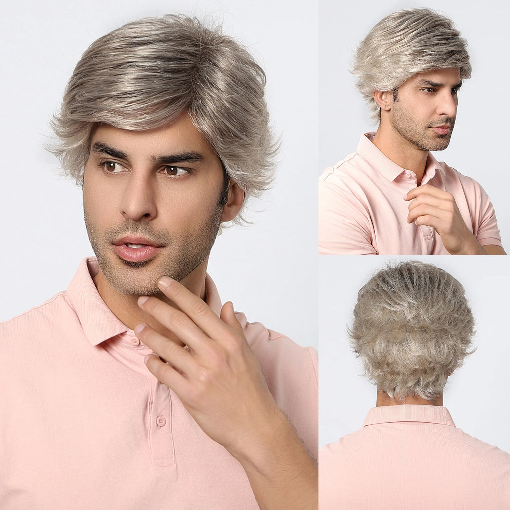 ALAN EATON Dark Brown Short Wig for Men Side Part Synthetic Layered Wigs with Bangs Natural Looking Synthetic Hair Full Wig