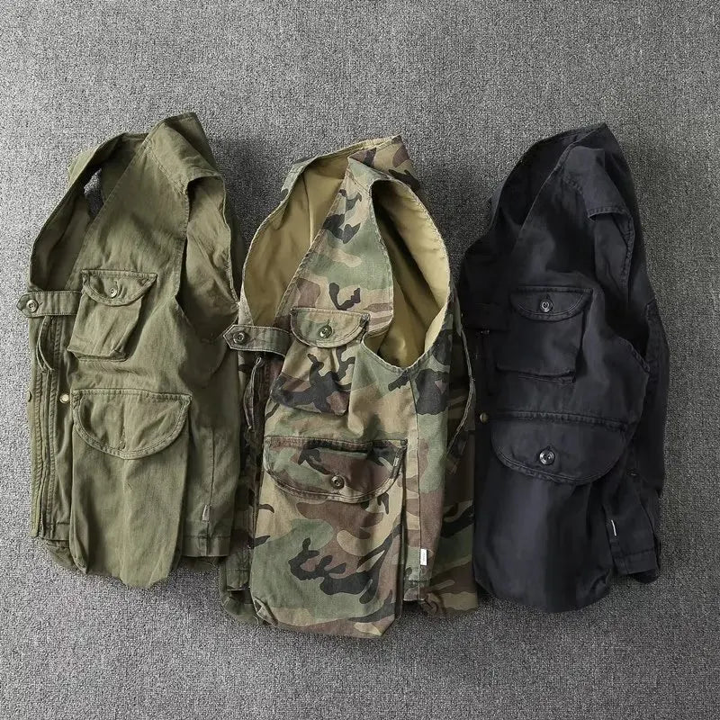 American Style Tactical Vest Men's Camouflage Outdoor Canvas Workwear Jacket Loose Fit V-Neck Single Button Closure Cotton