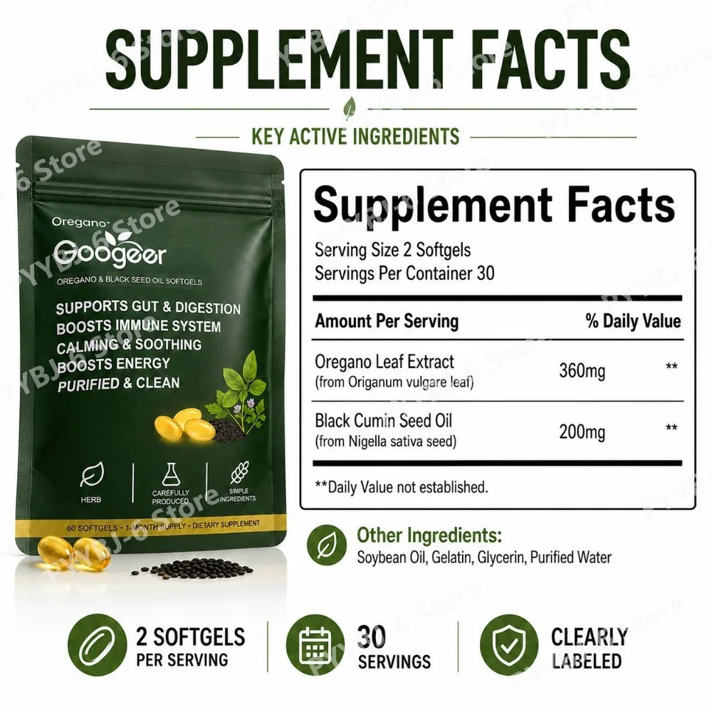 Oregano Black Seed Oil Softgels 60pcs Herbal Supplement for Gut Digestion Immune Energy Support Clean Wellness Formula