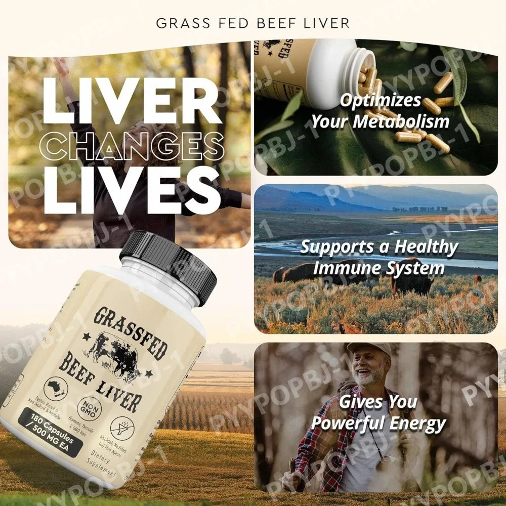 Grassfed Beef Liver Capsules 500mg Each, Pasture Raised Bovine Liver Supplement, Non GMO, 180 Capsules