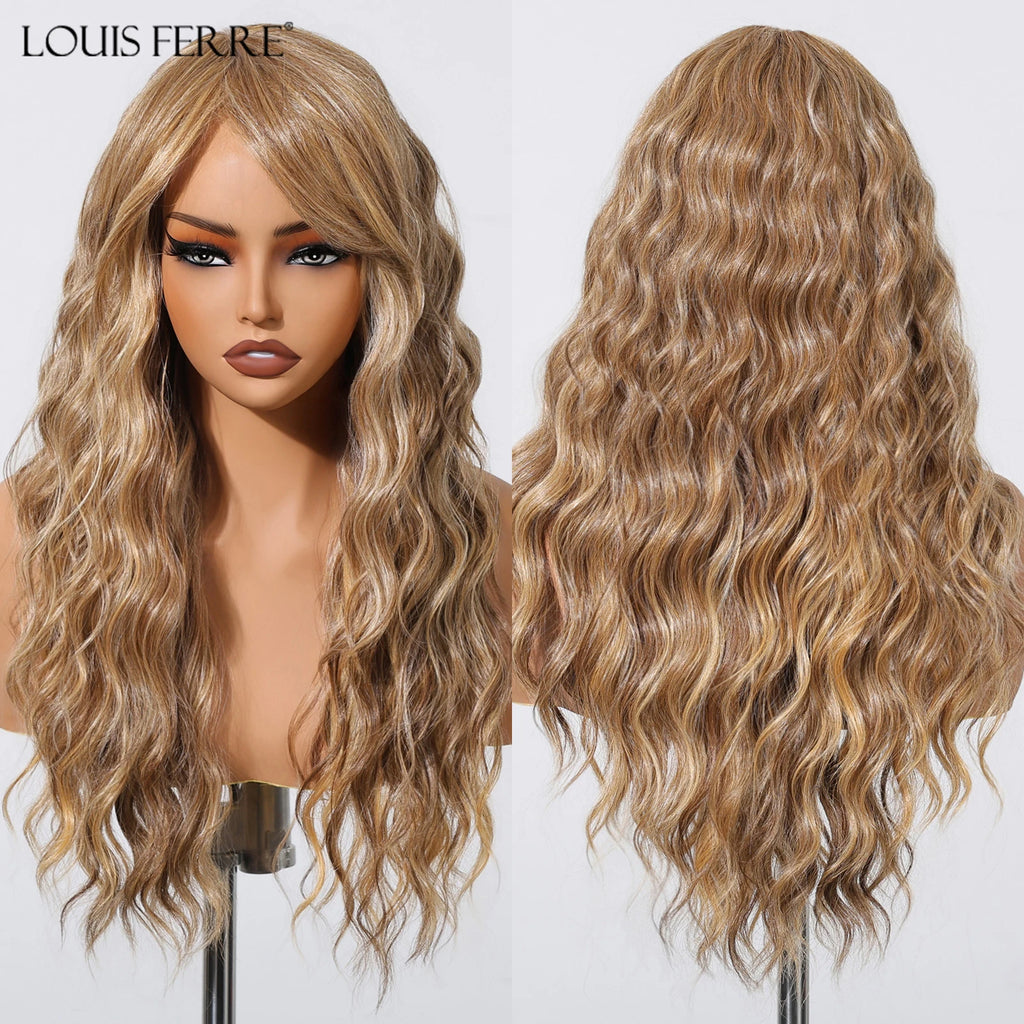EASIHAIR Long Wavy Synthetic Wigs For Women Brown Blonde Highlight Wavy Wigs With Side Bangs Natural Wave Hair Daily Cosplay Wig