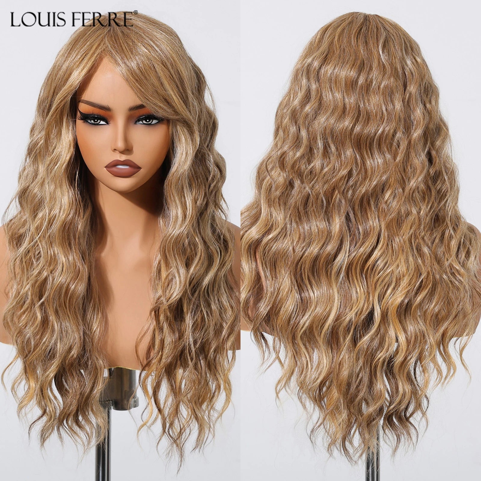 EASIHAIR Long Wavy Synthetic Wigs For Women Brown Blonde Highlight Wavy Wigs With Side Bangs Natural Wave Hair Daily Cosplay Wig