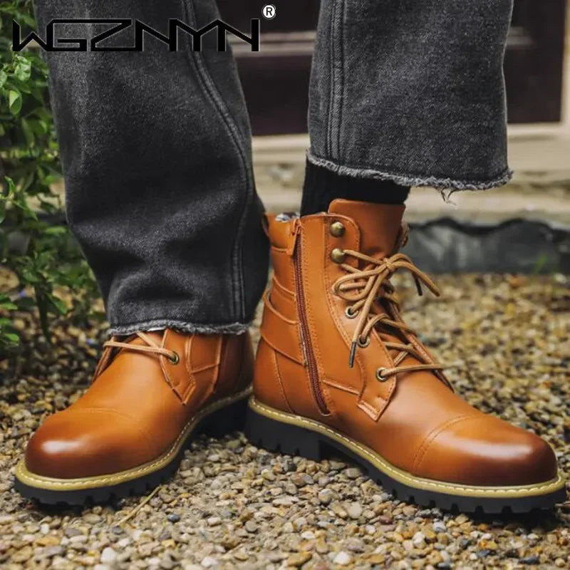 Men Motorcycle Leather Boots Double Zipper Square Heel Males Shoes Fashion Leisure Design Men Cycling Boot 2025 Autumn Winter