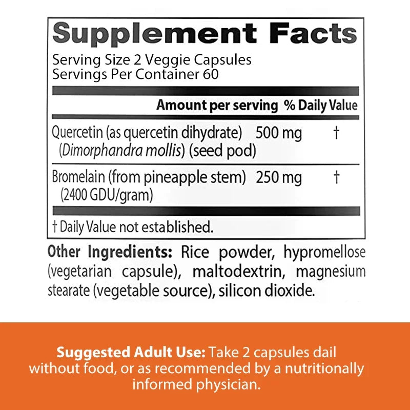 Quercetin Bromelain, Immune Support, Heart, Joint & Respiratory Health, Non-GMO, Vegan Capsules