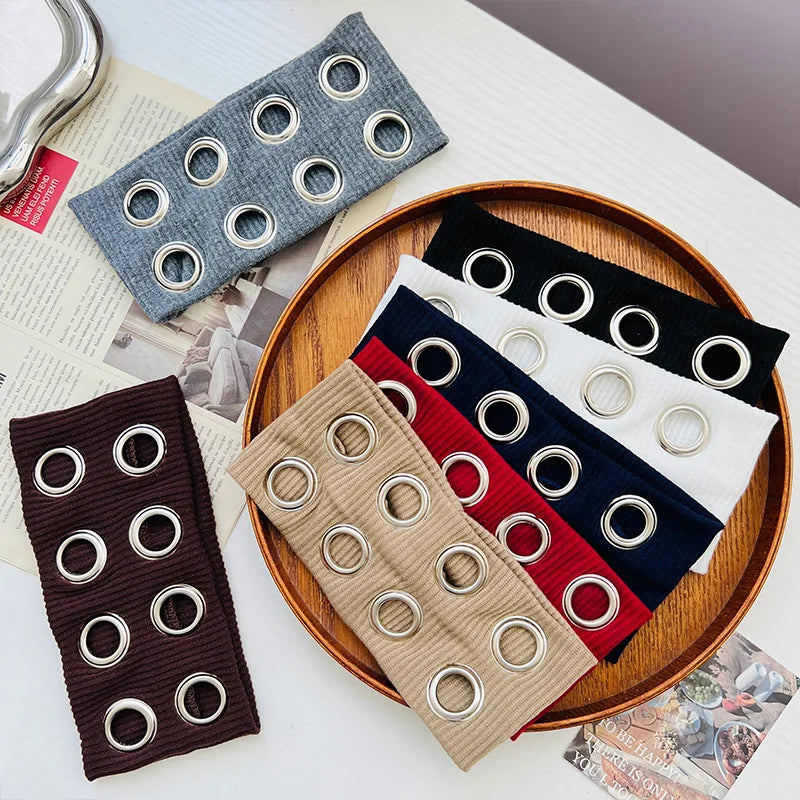 Punk Girl Fabric Hollow Elastic Headbands Metal Rock Personalized Hollow Eyelets Hair Band Casual Sports Grommet Headband
