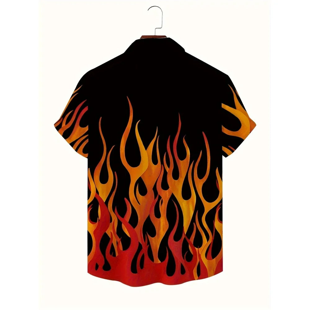 Flame Pattern Hawaiian Shirt Personality Hip Hop Gradient Fire Print Streetwear Skateboard Style Casual Lapel Short Sleeve Tops
