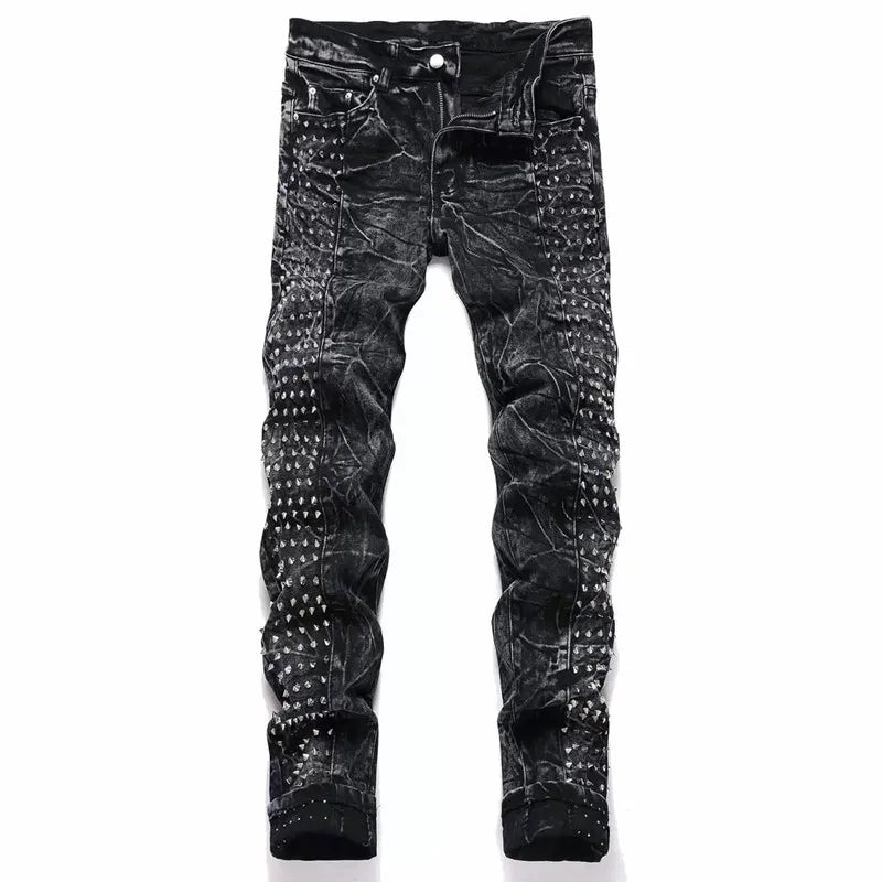 2025 Punk Y2K Style Rivet Design Black Slim Jeans Pants For Men Clothing Streetwear New Rock Cotton Long Trousers Ropa Hombre