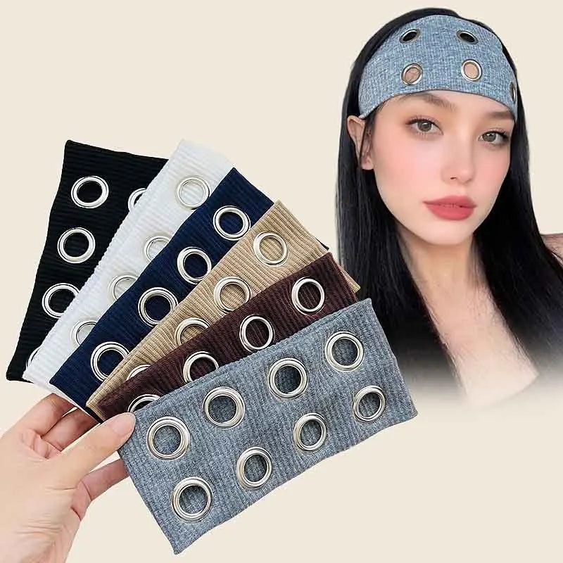 Punk Girl Fabric Hollow Elastic Headbands Metal Rock Personalized Hollow Eyelets Hair Band Casual Sports Grommet Headband