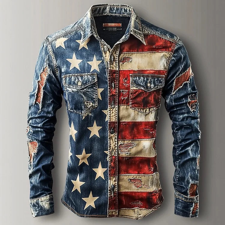 Vintage Men's Long Sleeve Shirt American US Flag Patriotic Shirt Button Up Streetwear Casual Comfort Polyester Slim Fit Shirts