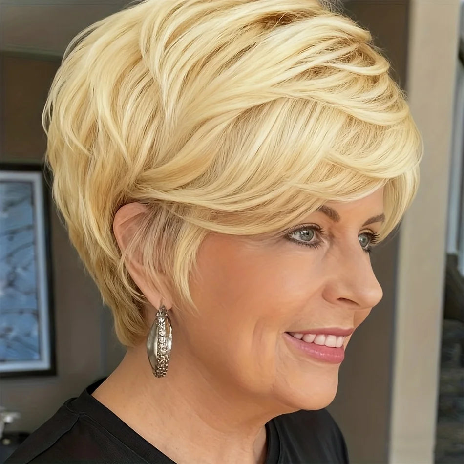 Women'S Short 613 Blonde Straight Bob Pixie Cut Human Hair Layered Wig With Bangs Full Machine Made Universal Wig For Daily Wear