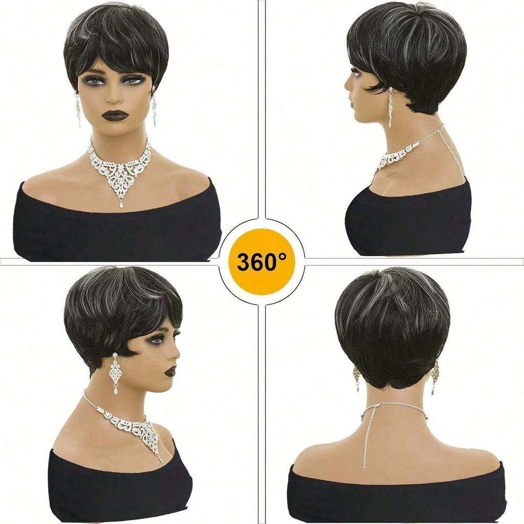 Short Curly Wigs Pixie Cut Wig Short Hair Black Wig With Bangs Natural Wavy Synthetic Wigs (Black Mixed Grey)