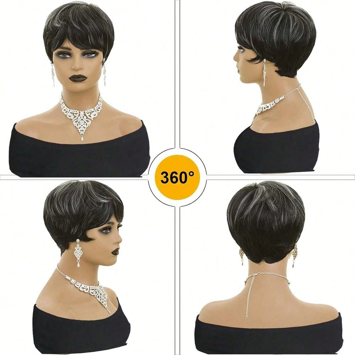 Short Curly Wigs Pixie Cut Wig Short Hair Black Wig With Bangs Natural Wavy Synthetic Wigs (Black Mixed Grey)