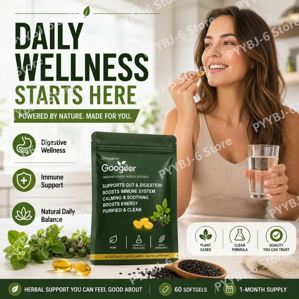 Oregano Black Seed Oil Softgels 60pcs Herbal Supplement for Gut Digestion Immune Energy Support Clean Wellness Formula