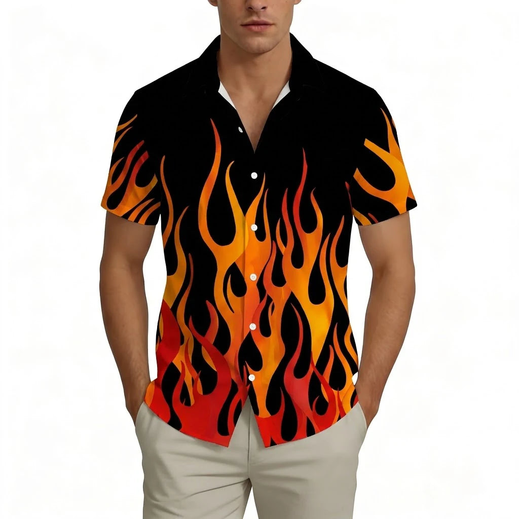 Flame Pattern Hawaiian Shirt Personality Hip Hop Gradient Fire Print Streetwear Skateboard Style Casual Lapel Short Sleeve Tops
